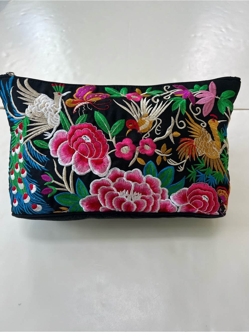 Embroidered Floral & Bird Black Cosmetic Pouch